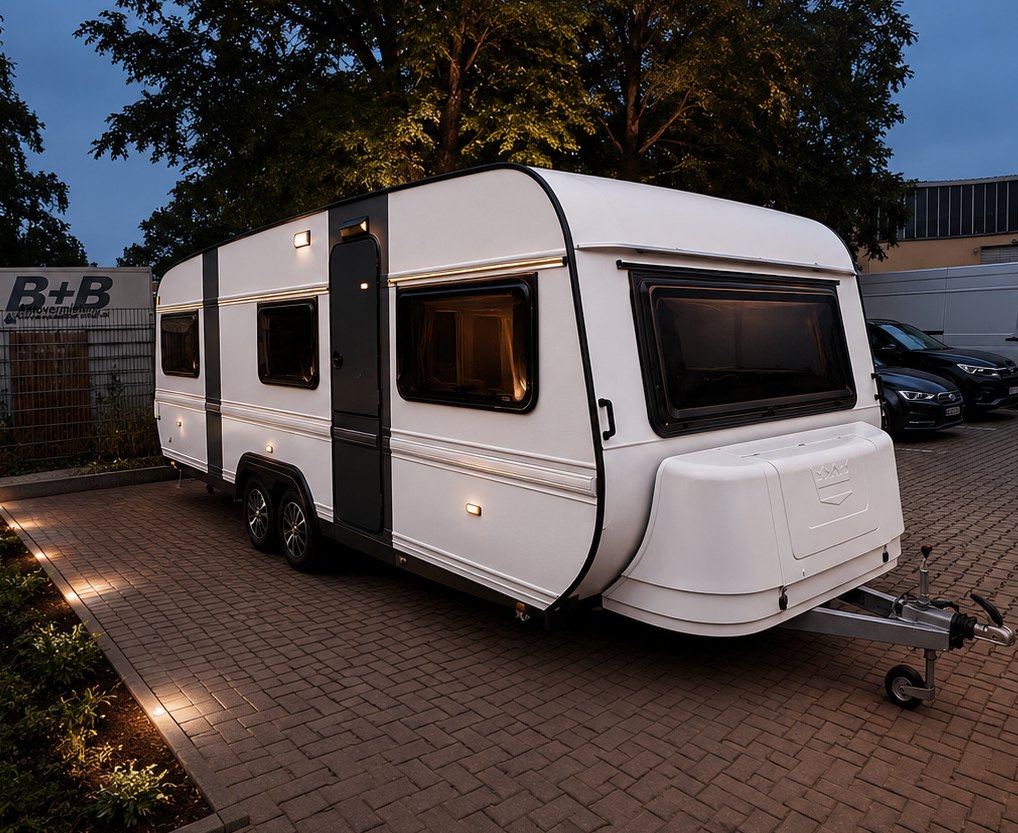 Der Caravan in der Abenddämmerung mit LED-Außenbeleuchtung