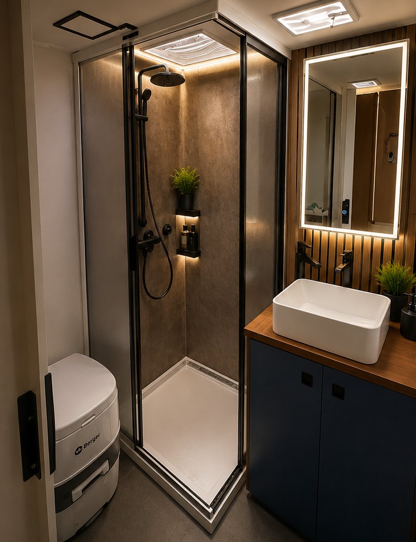 Bad mit Regendusche, Waschbecken und LED-Spiegelschrank
