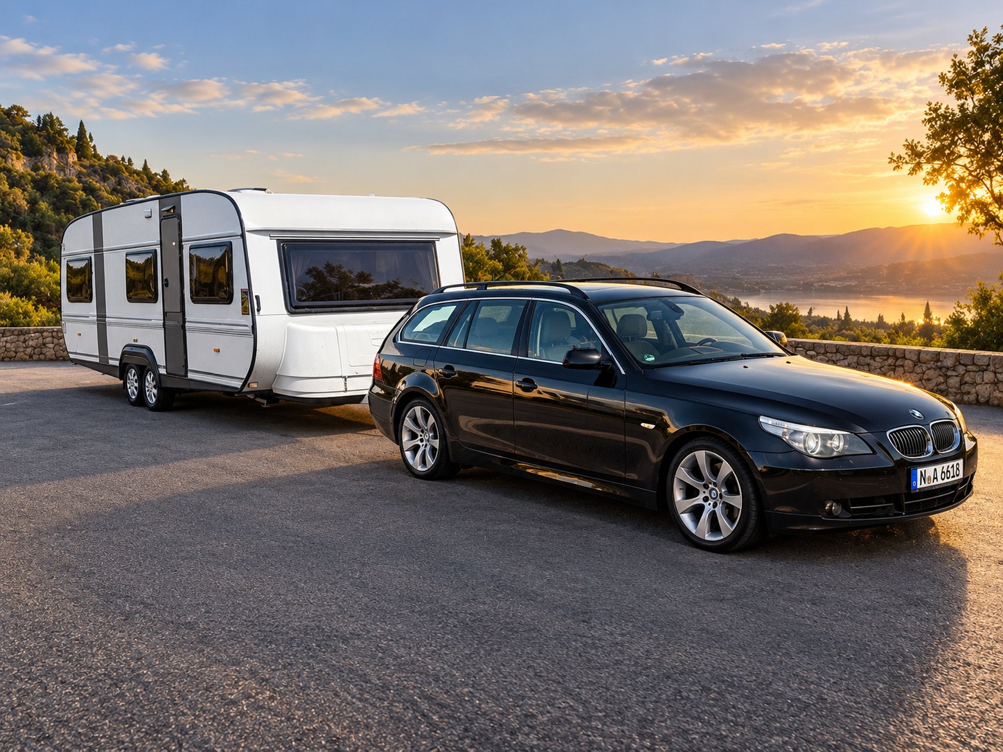 Der Baba Caravan mit dem schwarzen Zugwagen bei Sonnenuntergang über dem See