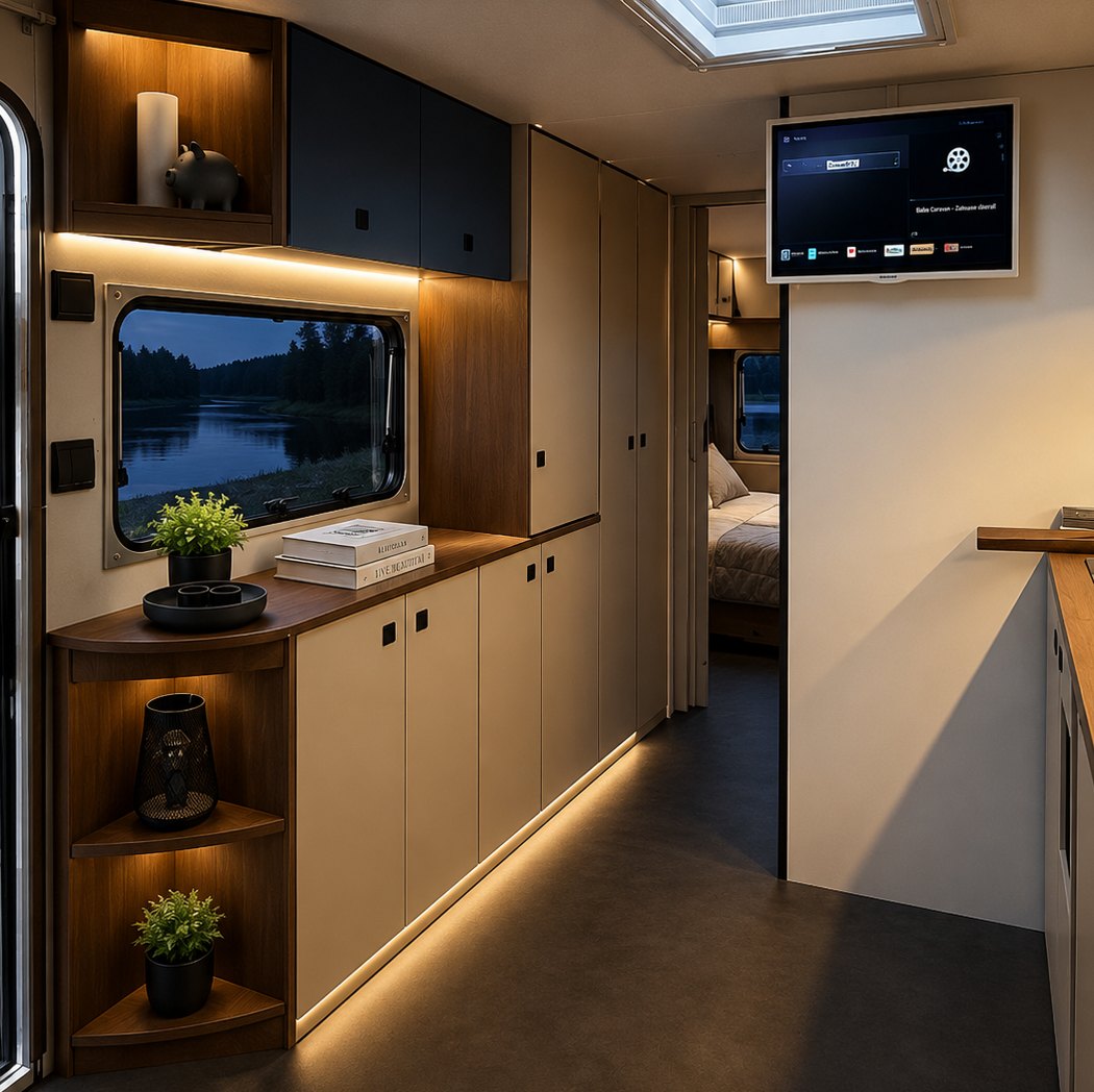 Schrankwand mit beleuchteten Regalen und Durchblick ins Schlafzimmer