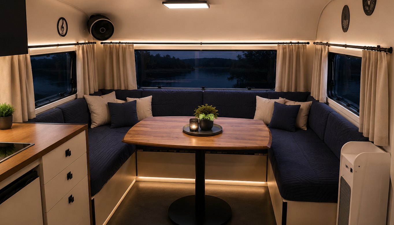 Die U-Sitzgruppe mit Holztisch und indirektem Licht